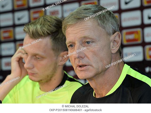 Coach of Sparta Zdenek Scastny, right, and halfback Ladislav Krejci speak at a press conference prior to the fourth qualifying round of the UEFA Europa League...