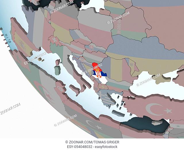 Serbia on political globe with embedded flag. 3D illustration