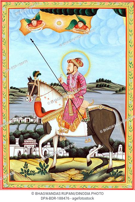 Miniature painting of Mughal Emperor Shah jahan Sitting on horse