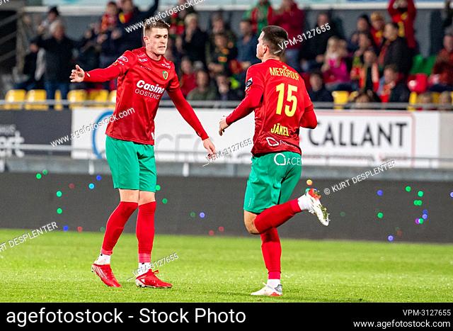 Oostende's Frederik Jakel celebrates after scoring during a soccer match between KV Oostende and KV Mechelen, Friday 29 October 2021 in Oostende