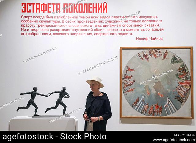 RUSSIA, MOSCOW - SEPTEMBER 13, 2023: A woman attends a press preview of an exhibition marking the centenary of Moscow sports at the New Tretyakov Gallery