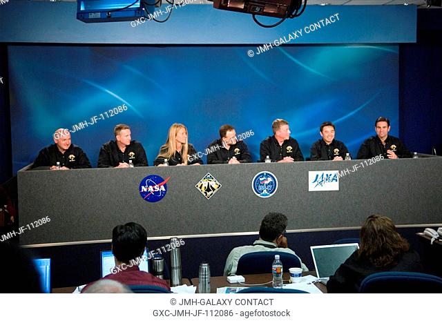 The STS-124 crewmembers are photographed during a pre-flight press conference at NASA's Johnson Space Center. From the left are astronauts Mark Kelly