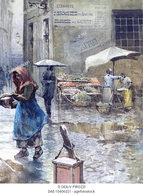Via della Lungaretta in Rome, 1885, by Ettore Roesler Franz (1845-1907), from the series Disappeared Rome, Italy 19th Century. Watercolour, detail
