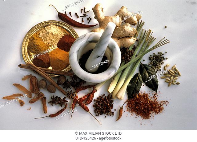 Several Exotic Spices, Marble Mortar and Pestle