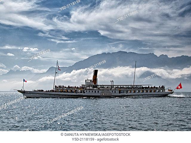 historic steamboat cruise, Lake Geneva, Lac Leman, Swiss Riviera, Switzerland, French Alps in the background