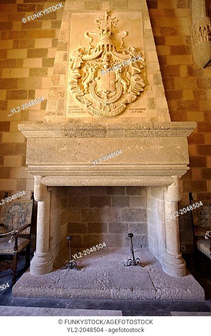 Fireplace in the 14th century medieval palace of the Grand Master of the Kinights of St John, Rhodes, Greece. UNESCO World Heritage Site