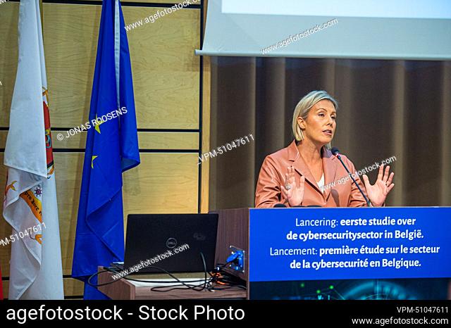 Defence minister Ludivine Dedonder is seen at a presentation of the results of the first study on the cybersecurity sector by Agoria, Wednesday 16 November 2022