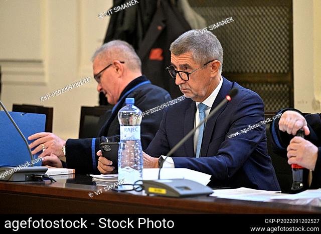 Former Czech Prime Minister and ANO movement Chairman Andrej Babis, right, at Prague Municipal Court where his trial has started on Monday, September 12, 2022