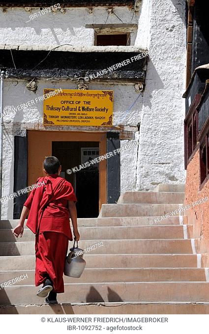 Thikse Monastery, novice taking butter tea to the oratory, Ladakh, Jammu and Kashmir, North India, Himalayas, Asia