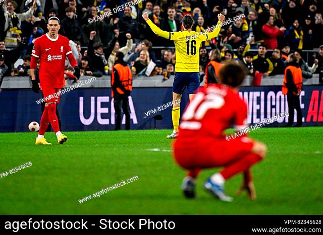 Union's Christian Burgess celebrates after winning a game between Belgian soccer team Royale Union Saint Gilloise and English club Liverpool FC