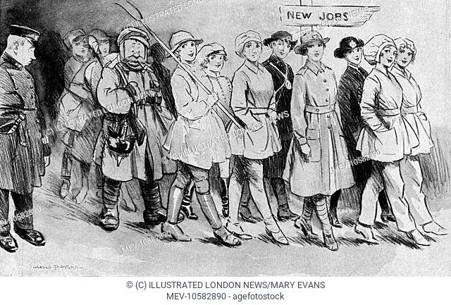 Good-bye-e-e!  These girls marching off to pastures new seem a jolly bunch, although for the 750000 women who found themselves suddenly unemployed in 1919
