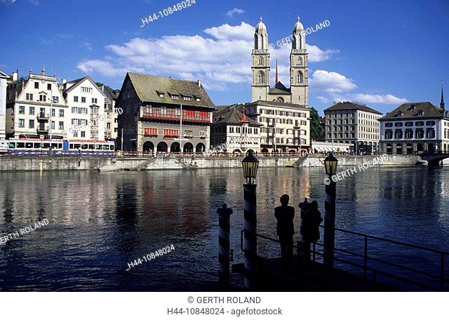 Switzerland, Europe, Zurich city, Canton Zurich, town, Zurich, river, flow, Limmat river, church, Grossmunster, minste