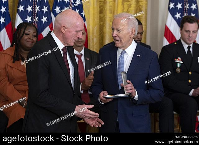 United States President Joe Biden presents the the Presidential Citizens Medal to Arizona House speaker Rusty Bowers during a ceremony marking the the two-year...