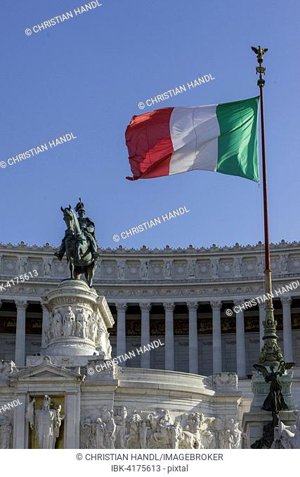 Italian flag in front of Vittorio Emmanuel II Monument, Rome, Lazio, Italy