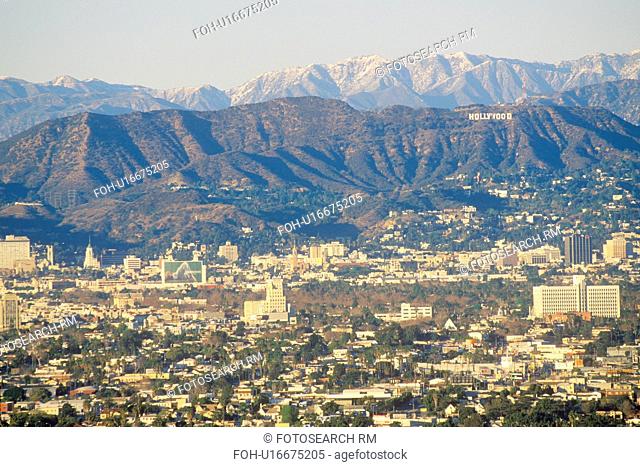 Snowy hills and Hollywood from Baldwin Hills, Los Angeles, California