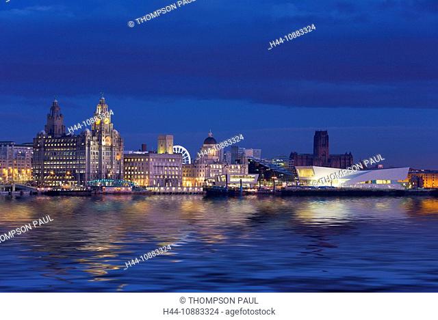 Skyline and Waterfront at night, Liverpool, Merseyside, England
