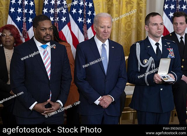 United States President Joe Biden presents the the Presidential Citizens Medal to Capitol Police Officer Eugene Goodman during a ceremony marking the the...