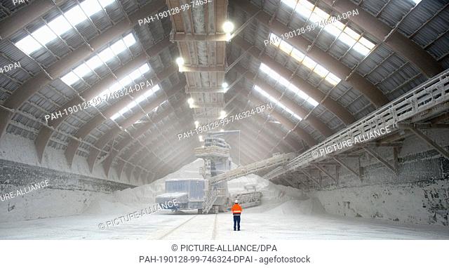 16 January 2019, Saxony-Anhalt, Bernburg: A technician of the ""European Salt Company"" (Esco) stands in a silo of the company in front of a scraper that spends...