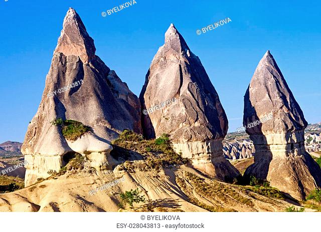 Wonderful mountain landscape carved in volcanic tuff by erosion in Cappadocia, Turkey