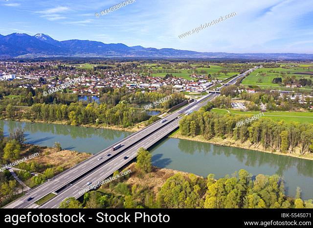 Motorway bridge of the A8 motorway over the Inn, near Raubling, Inn valley, Alpine foreland, Rosenheim district, drone recording, Upper Bavaria, Bavaria