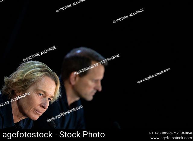 05 August 2023, Australia, Wyong: Soccer, Women: World Cup, final press conference Germany: Martina Voss-Tecklenburg, national coach of the German women's...