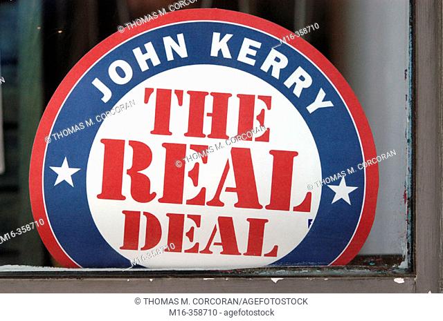 2004 presidential campaign: A Kerry poster in the window of a business in downtown Washington, DC