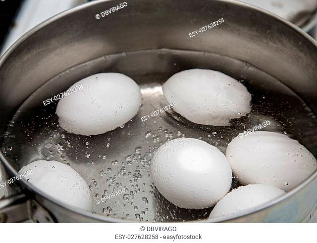 Six eggs boiling in a saucepan