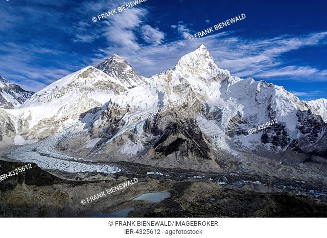 The mountain massifs around Mt. Everest (8848m) and Nuptse (7861m) as seen from Kala Pathar (5545m), Gorakshep, Solo Khumbu, Nepal