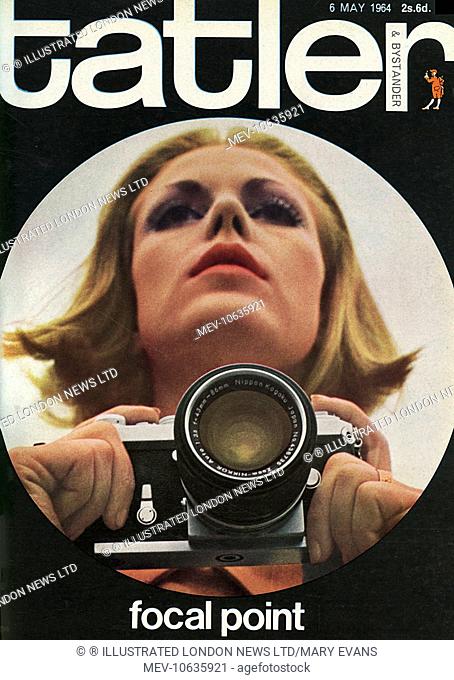 Front cover of The Tatler featuring a model carrying a Nikon F camera, one of the more covetable items in the armoury of photographic equipment being produced...