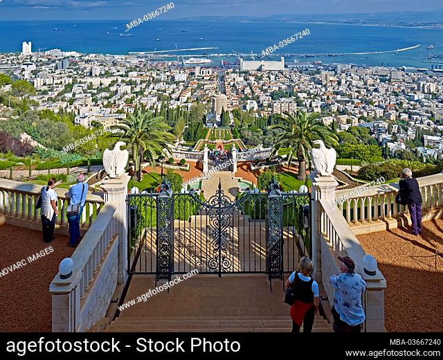 View from the hanging gardens of the Bahais from Mount Carmel of Haifa, Israel, Near East