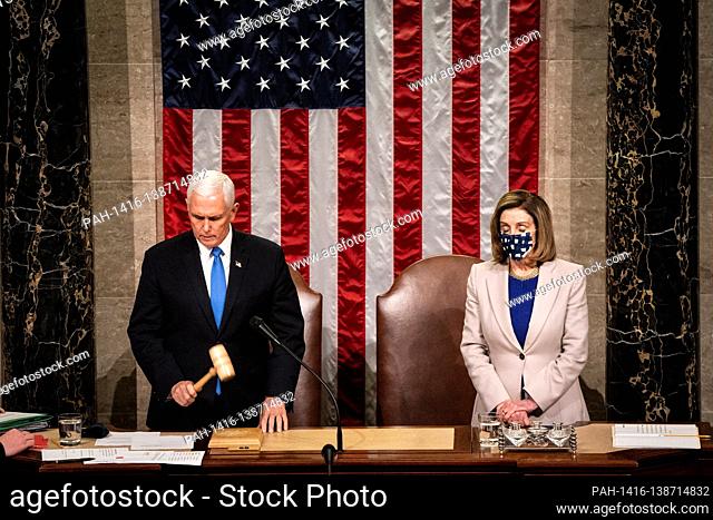 United States Vice President Mike Pence and Speaker of the US House of Representatives Nancy Pelosi (Democrat of California) resume presiding over a Joint...
