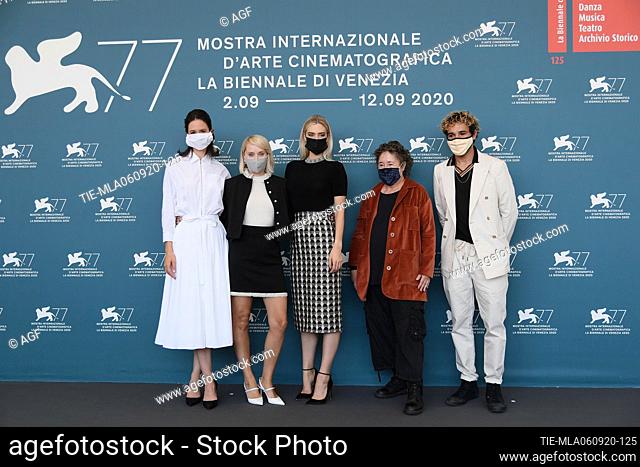 Mona Fastvold , Katherine Waterston, Vanessa Kirby, Christine Vachon, Christopher Abbott attend the photocall of the movie ""The world to come"" at the 77th...