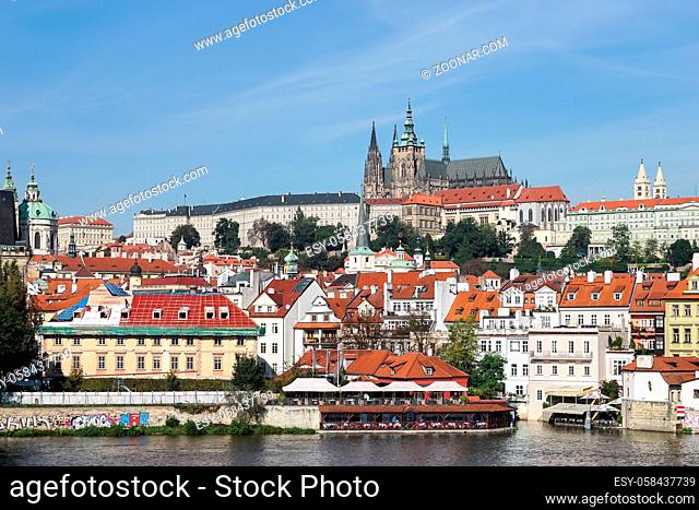 View from Charles Bridge towards the St Vitus Cathedral in Prague