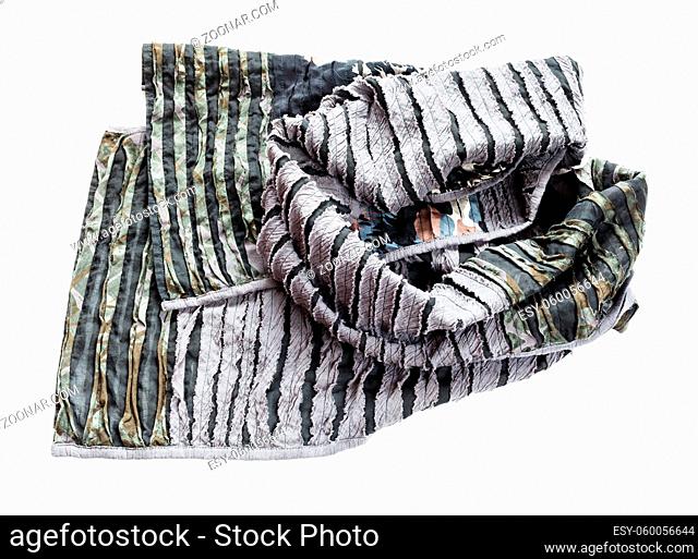 crumpled shawl stitched from carved silk and cotton fabric isolated on white background