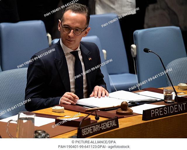 01 April 2019, US, New York: Heiko Maas (SPD), Federal Foreign Minister, sits in front of a meeting of the UN Security Council in New York in the President's...