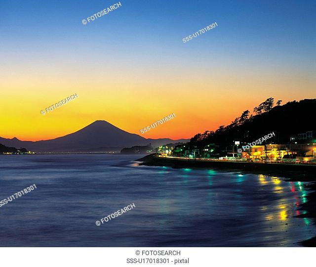 Mt. Fuji beyond the sea in the evening, Kamakura city, Kanagawa prefecture, Japan