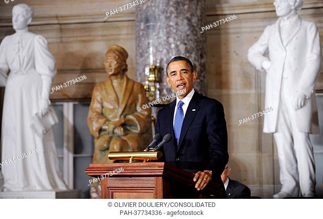 United States President Barack Obama makes remarks at the unveiling of a statue of Rosa Parks in Statuary Hall at the United States Capitol, February 27