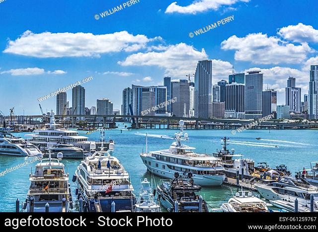 Channel Marina Yachts Bridges Skyscrapers Port Downtown Miami Florida