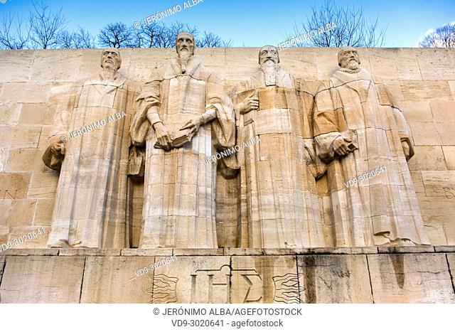 Detail from the Reformation Wall in Bastions Park showing Guillaume Farel, Jean Calvin, Theodore de Bèze and John Knox, Vieille-Ville. historic center