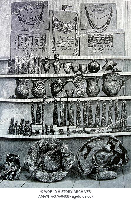 Priam's Treasure, a cache of gold and other artefacts discovered by classical archaeologist Heinrich Schliemann (1822-1890) a German pioneer in the field of...