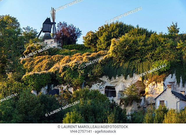 Windmill of the Val Hulin and Troglodytic Houses at Turquant, Saumur District, Maine-et-Loire, Pays de la Loire Region, Loire Valley, France, Europe