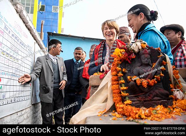 03 February 2020, Nepal, Kathmandu: First Lady Elke Büdenbender, wife of the German Federal President, visits a UNICEF-supported and child-led programme to...