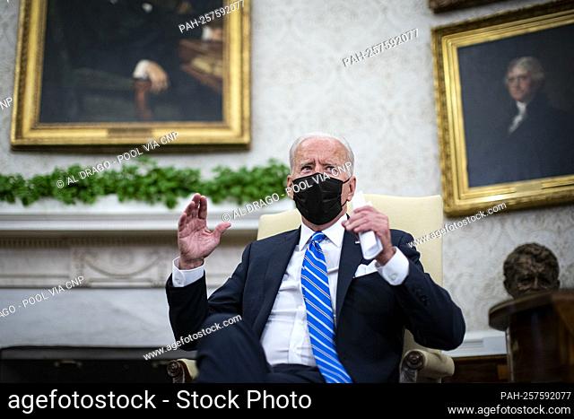 United States President Joe Biden makes remarks to the press as he meets with Prime Minister Boris Johnson of Britain in the Oval Office of the White House in...