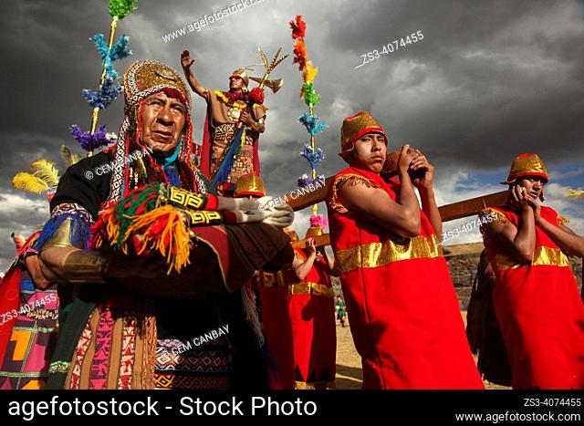 Representative Inca king greets the people at Inti Raymi Festival in Saqsaywaman Archaeological Site, Cusco, Peru, South America