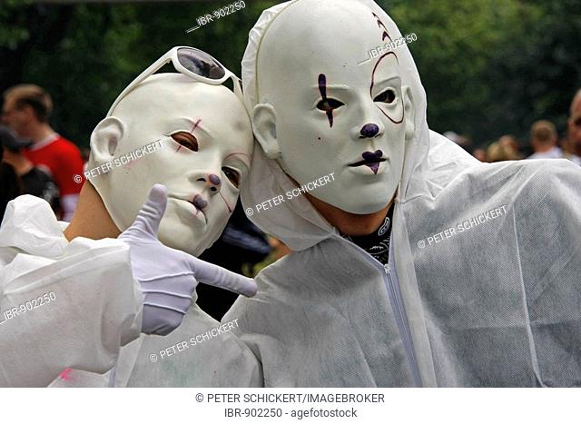 Futuristic masked ravers during the Highway to Love 2008 Love Parade in Dortmund, North Rhine-Westphalia, Germany, Europe
