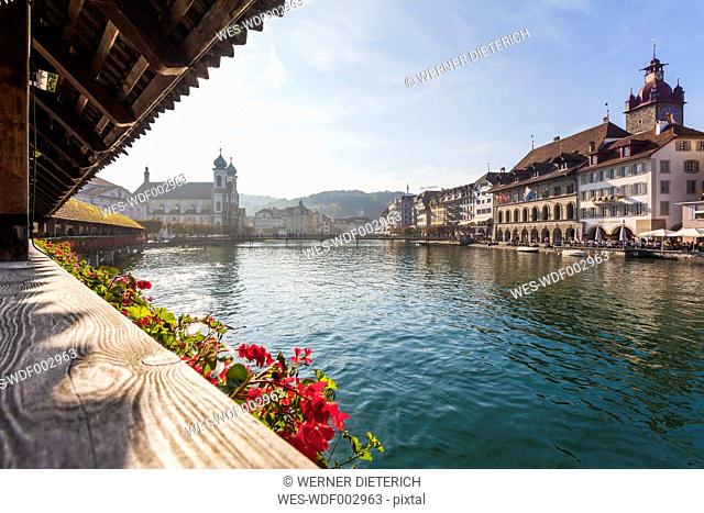 Switzerland, Canton of Lucerne, Lucerne, Old town, Reuss river, Chapel bridge