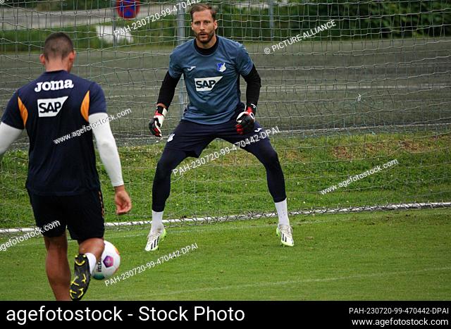 20 July 2023, Austria, Kitzbühel: Soccer, TSG 1899 Hoffenheim training camp in Kitzbühel, goalkeeper Oliver Baumann in action during training