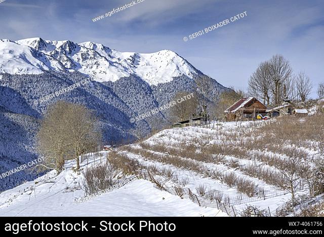 Snowy Aran Valley in winter, seen from the village of Mont (Aran Valley, Catalonia, Spain, Pyrenees)