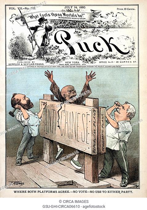 Where Both Platforms Agree - No Vote - no Use to either Party, Illustration shows James Garfield and Winfield S. Hancock nailing a Chinese man between two...
