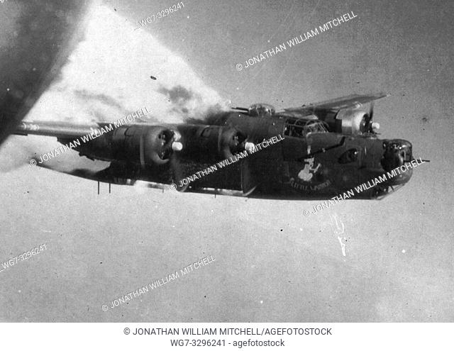 GERMANY Fallerleben -- 29 Jun 1944 -- The fuel tanks of the B-24 Liberator 'Little Warrior' of the 861st Bomber Squadron explode after being hit by...